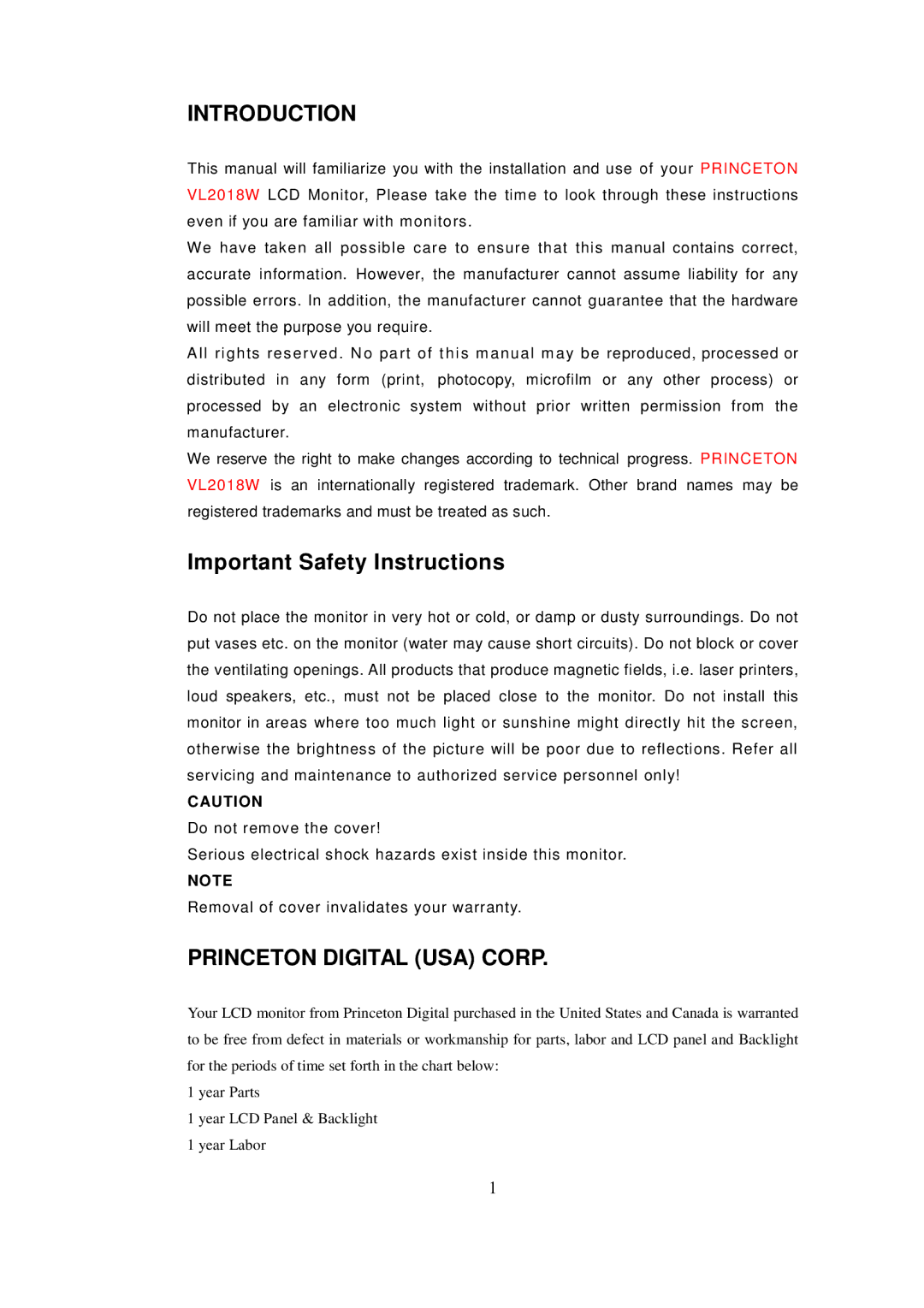 Princeton Digital (USA) VL2018W important safety instructions Introduction, Princeton Digital USA Corp 