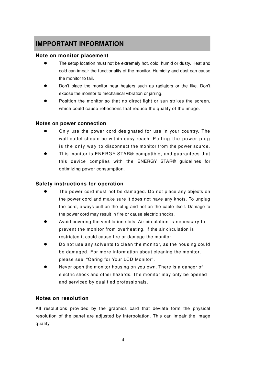 Princeton Digital (USA) VL2018W important safety instructions Impportant Information, Safety instructions for operation 