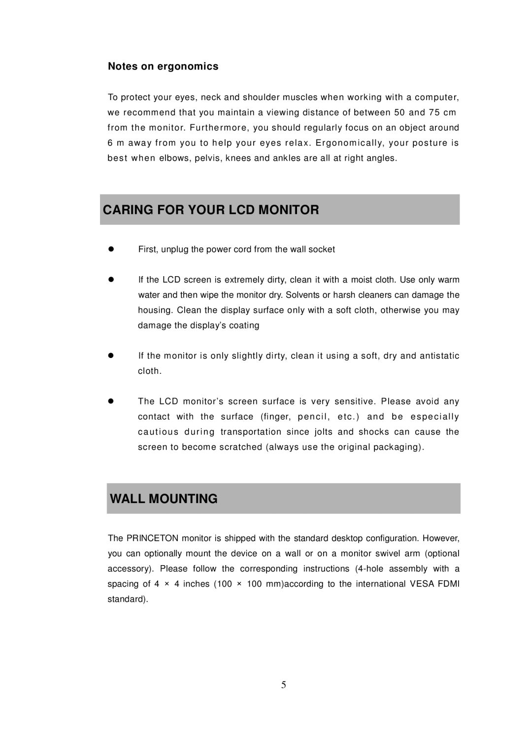 Princeton Digital (USA) VL2018W important safety instructions Caring for Your LCD Monitor, Wall Mounting 