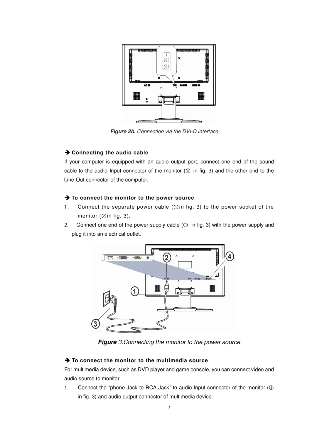 Princeton Digital (USA) VL2018W Connecting the audio cable, To connect the monitor to the power source 