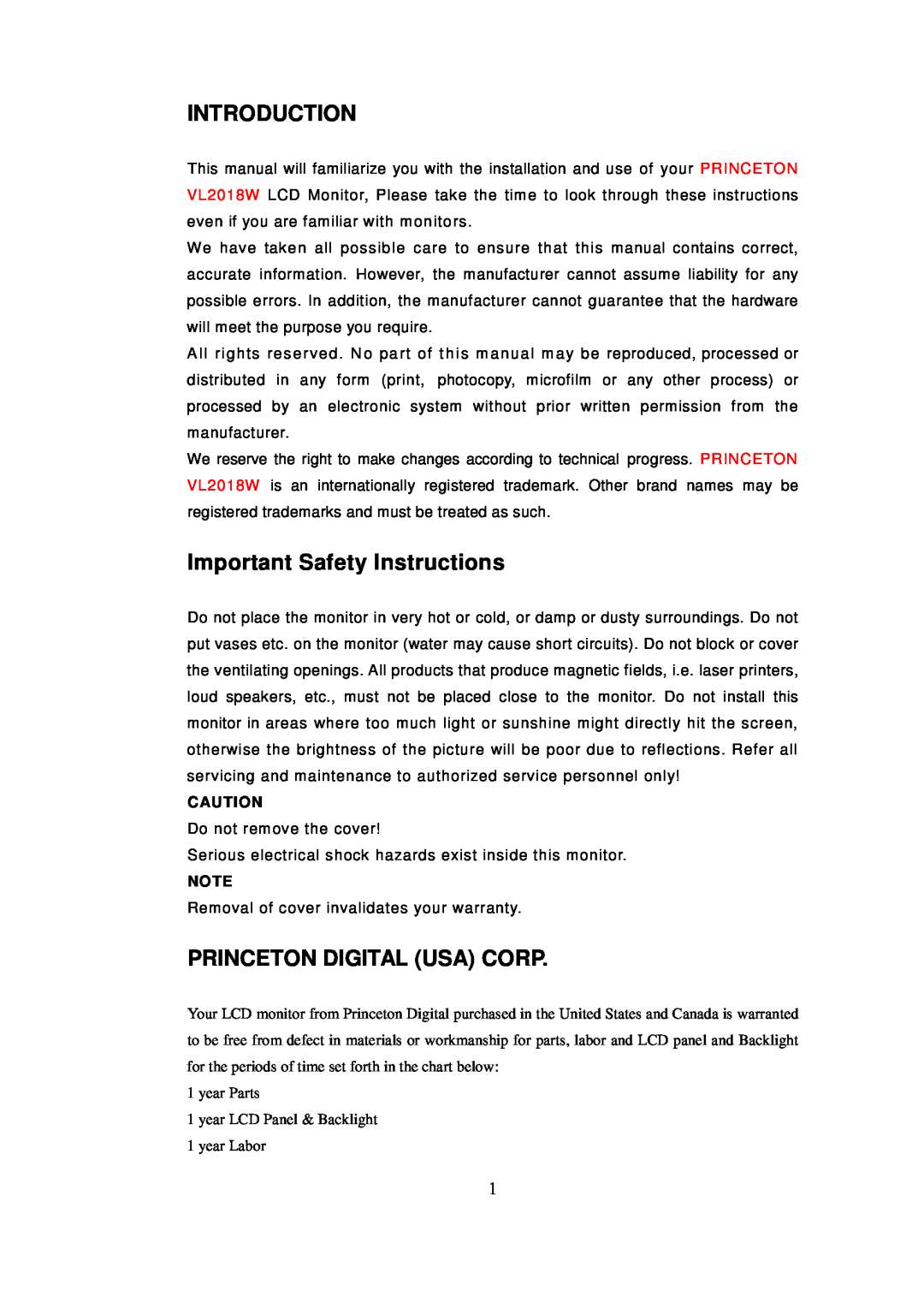 Princeton Digital (USA) VL2018W important safety instructions Introduction, Important Safety Instructions 