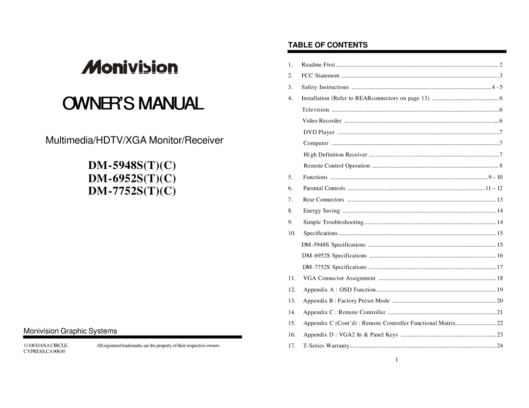 Princeton DM-6952S(T)(C), DM-5948S(T)(C), DM-7752S(T)(C) owner manual DM-5948STC DM-6952STC DM-7752STC, Table of Contents 