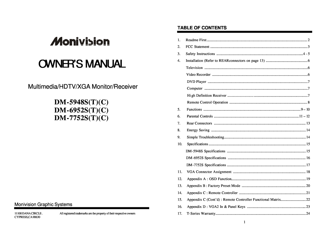 Princeton DM-6952S(T)(C), DM-5948S(T)(C) owner manual Table Of Contents, Owner’S Manual, DM-5948STC DM-6952STC DM-7752STC 