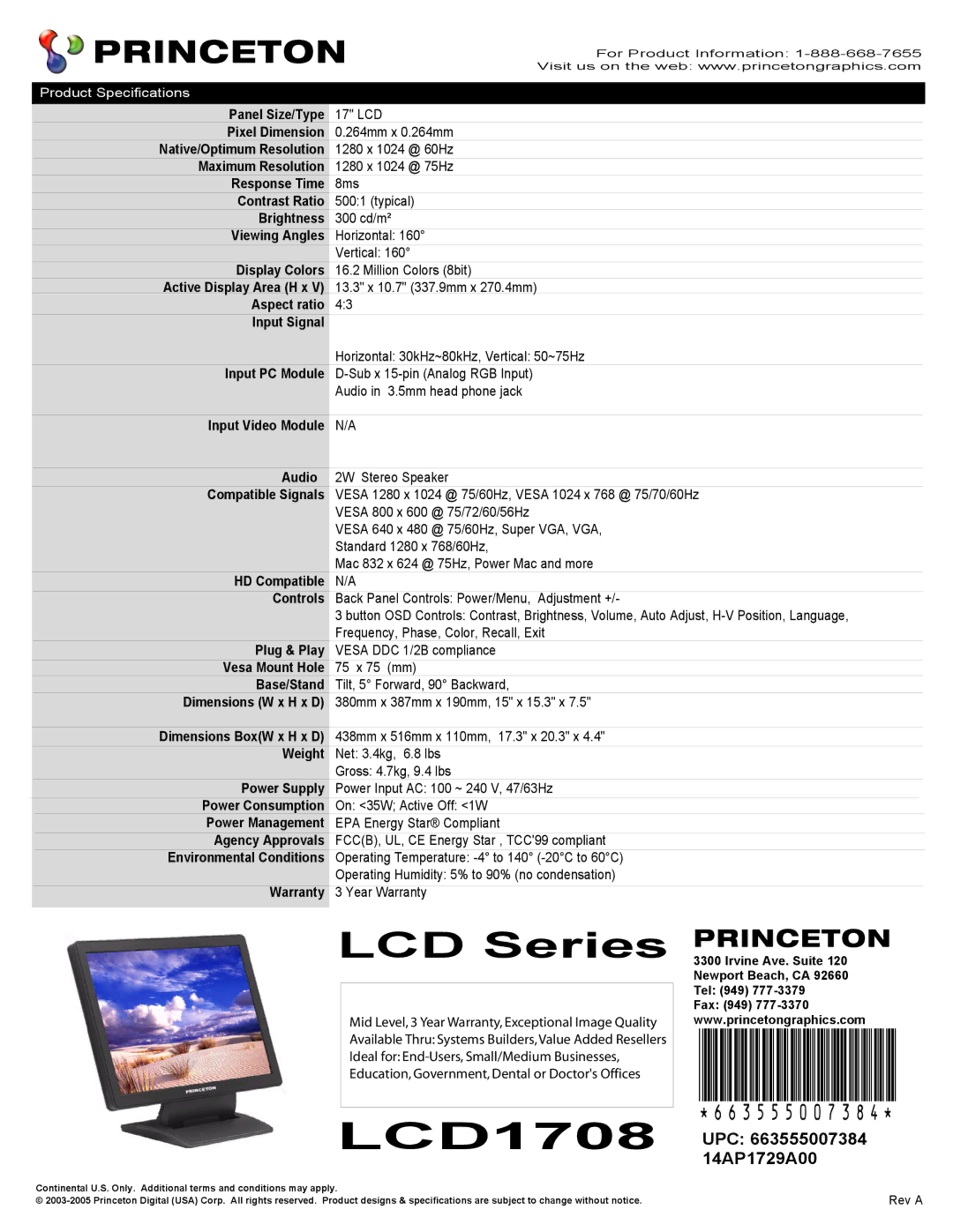 Princeton LCD 1708 warranty LCD1708, LCD Series, UPC 663555007384 14AP1729A00 