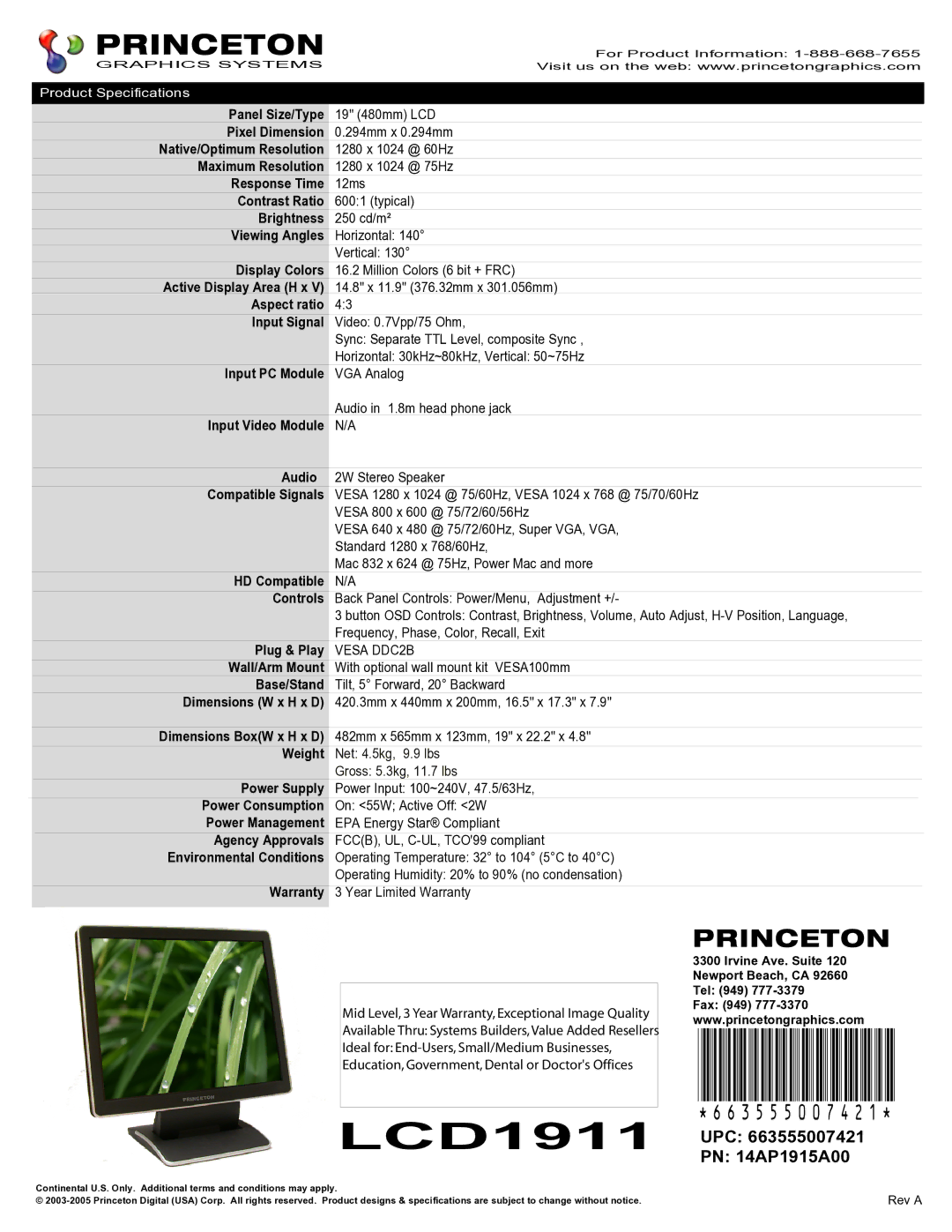 Princeton LCD 1911 warranty 663555007421, LCD1911 PN 14AP1915A00 UPC 