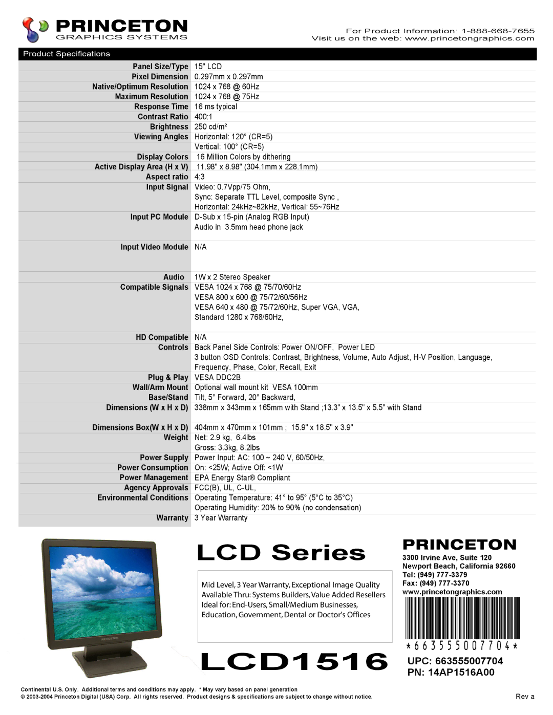 Princeton LCD1516 warranty LCD Series 