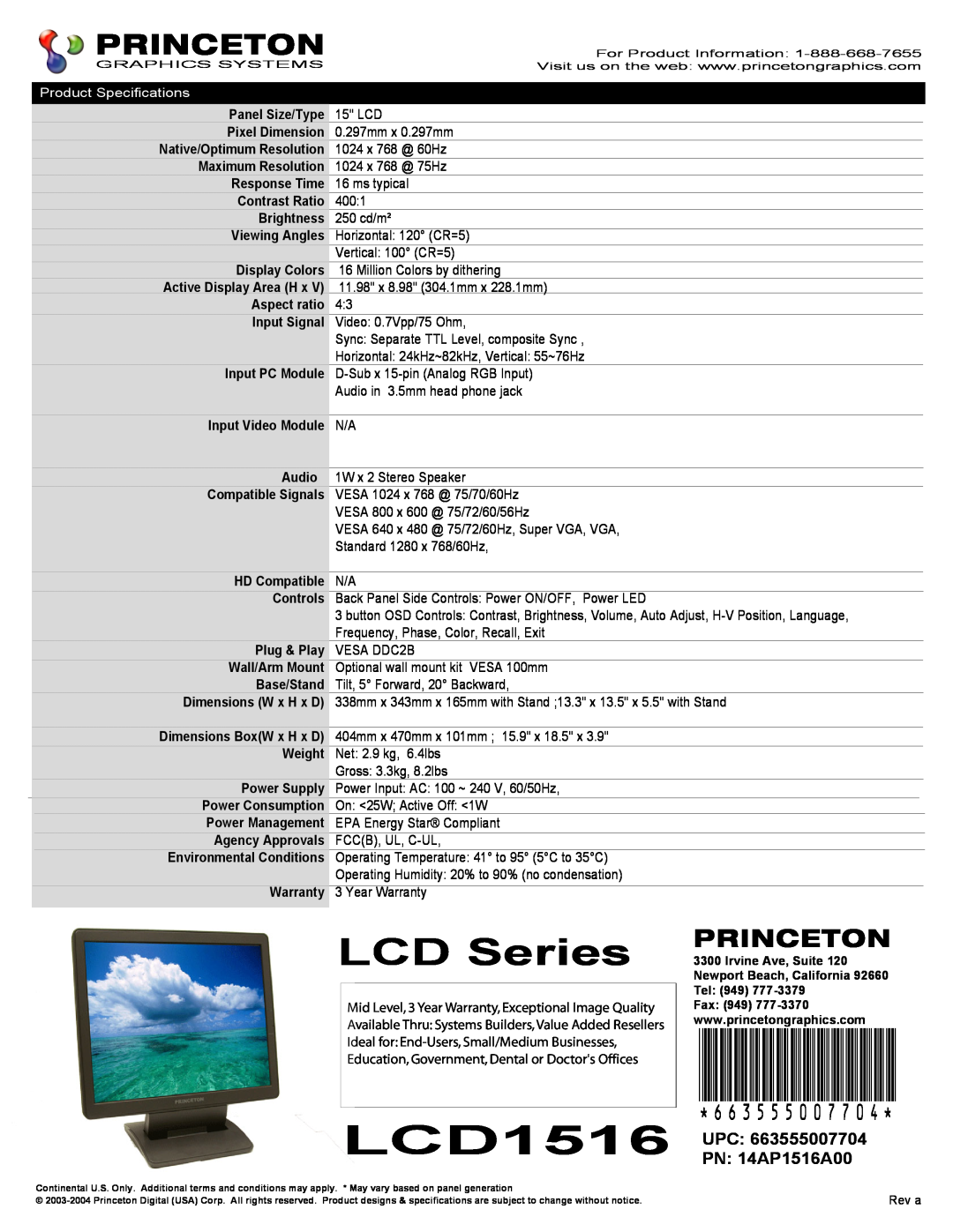 Princeton LCD1516 warranty LCD Series, 663555007704, UPC PN 14AP1516A00 