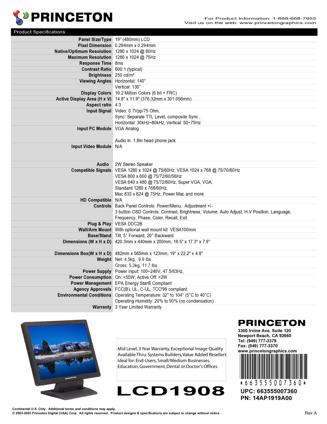 Princeton LCD1908 warranty 663555007360, Upc, PN 14AP1919A00 