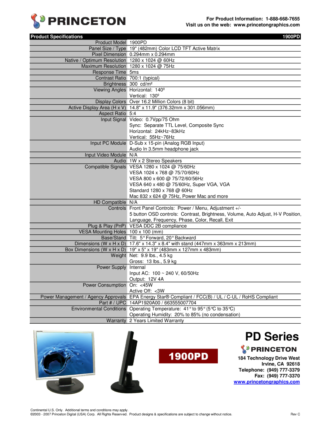 Princeton specifications PD Series, Product Specifications 1900PD 