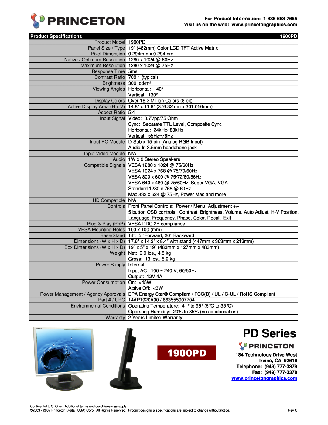 Princeton specifications PD Series, For Product Information, Product Specifications, 1900PD 