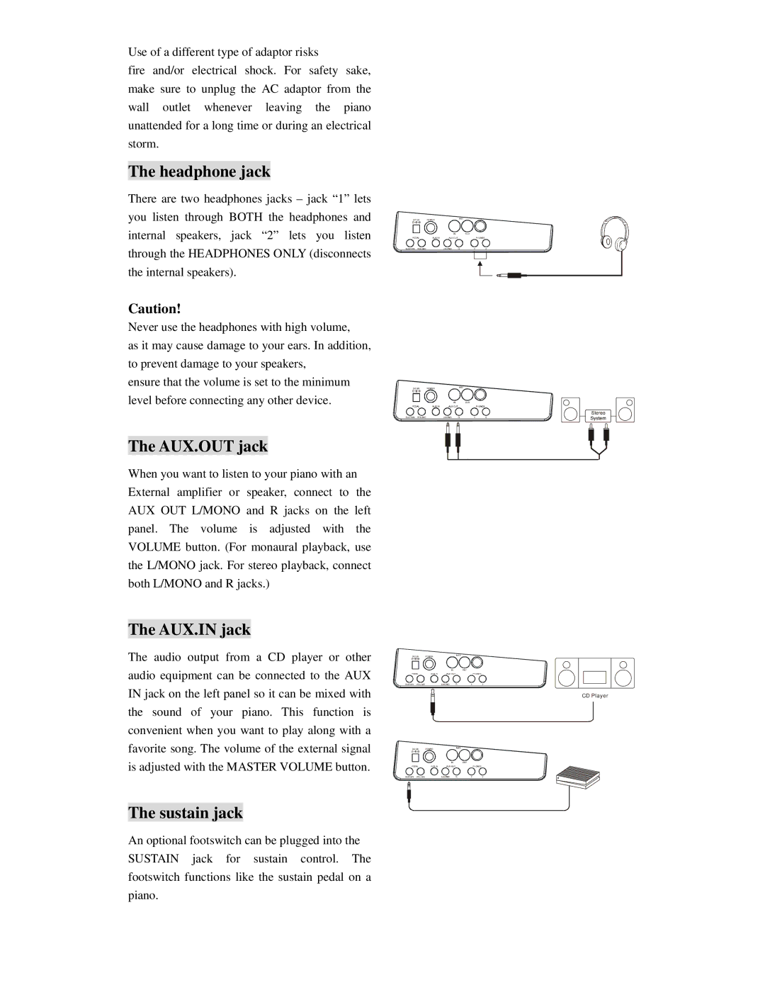 Princeton SP-88 user manual Headphone jack, AUX.OUT jack, AUX.IN jack, Sustain jack 