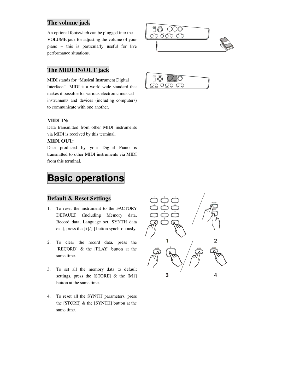 Princeton SP-88 user manual Basic operations, Volume jack, Midi IN/OUT jack, Default & Reset Settings 