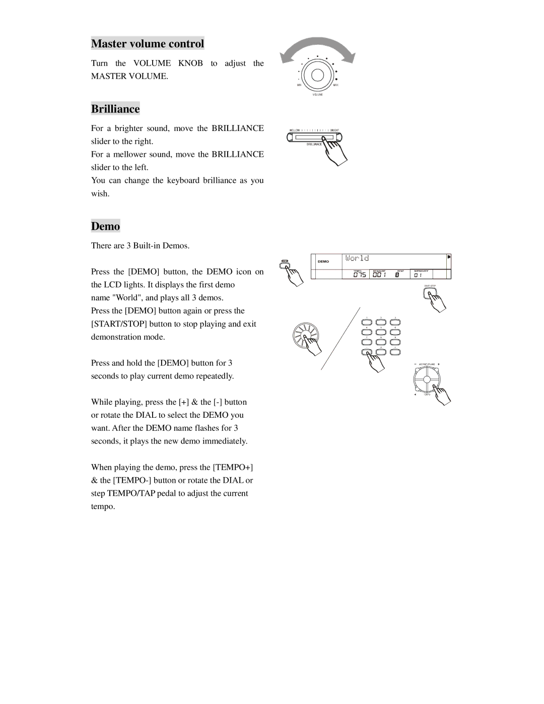 Princeton SP-88 user manual Master volume control, Brilliance, Demo, Master Volume 