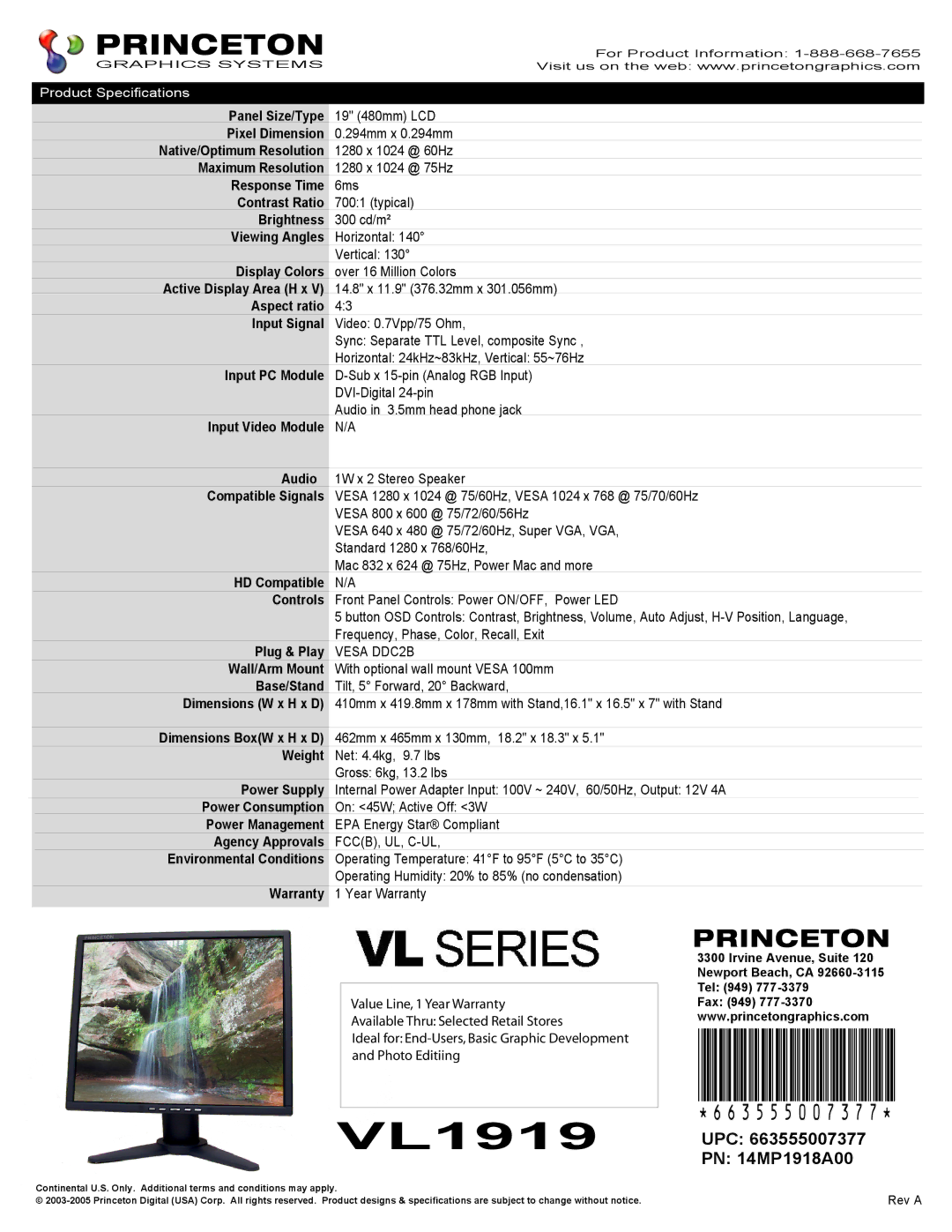 Princeton VL1919 warranty Upc, PN 14MP1918A00 