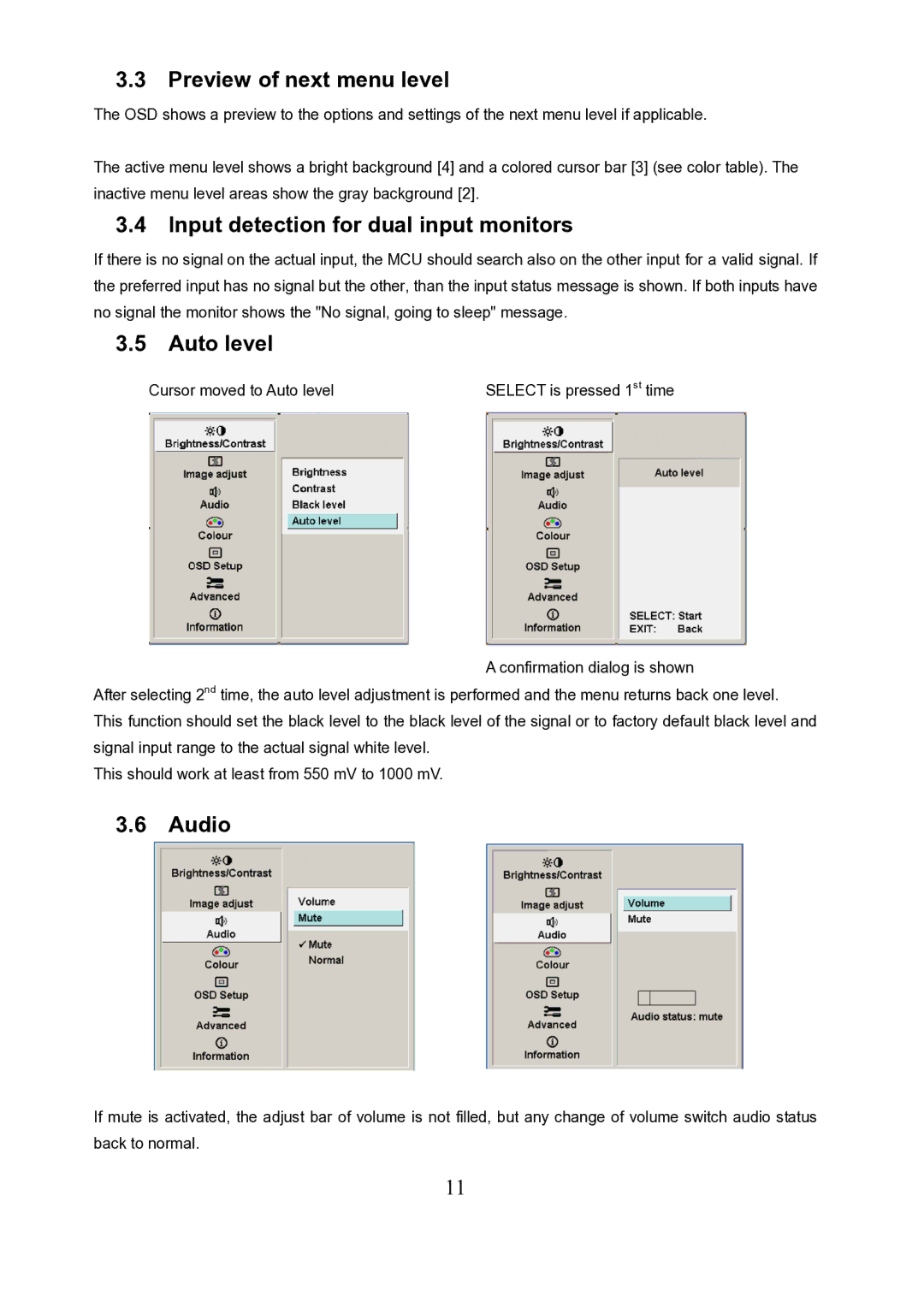 Princeton VL1919 Preview of next menu level, Input detection for dual input monitors, Auto level, Audio 