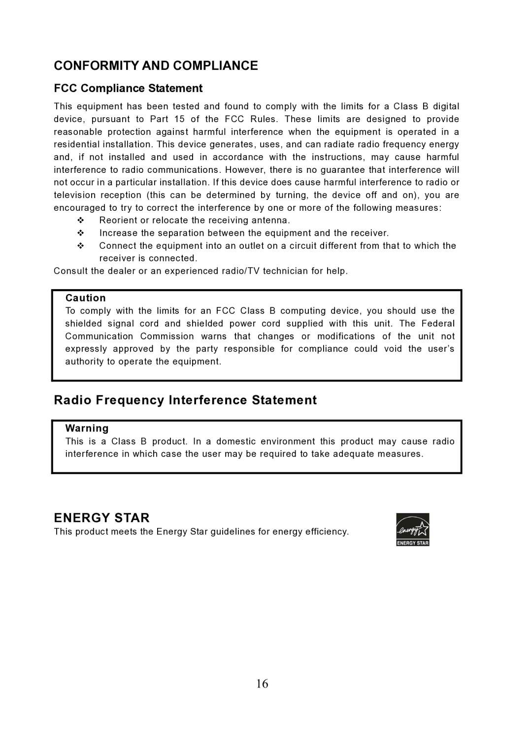 Princeton VL1919 Conformity and Compliance, Radio Frequency Interference Statement, Energy Star 