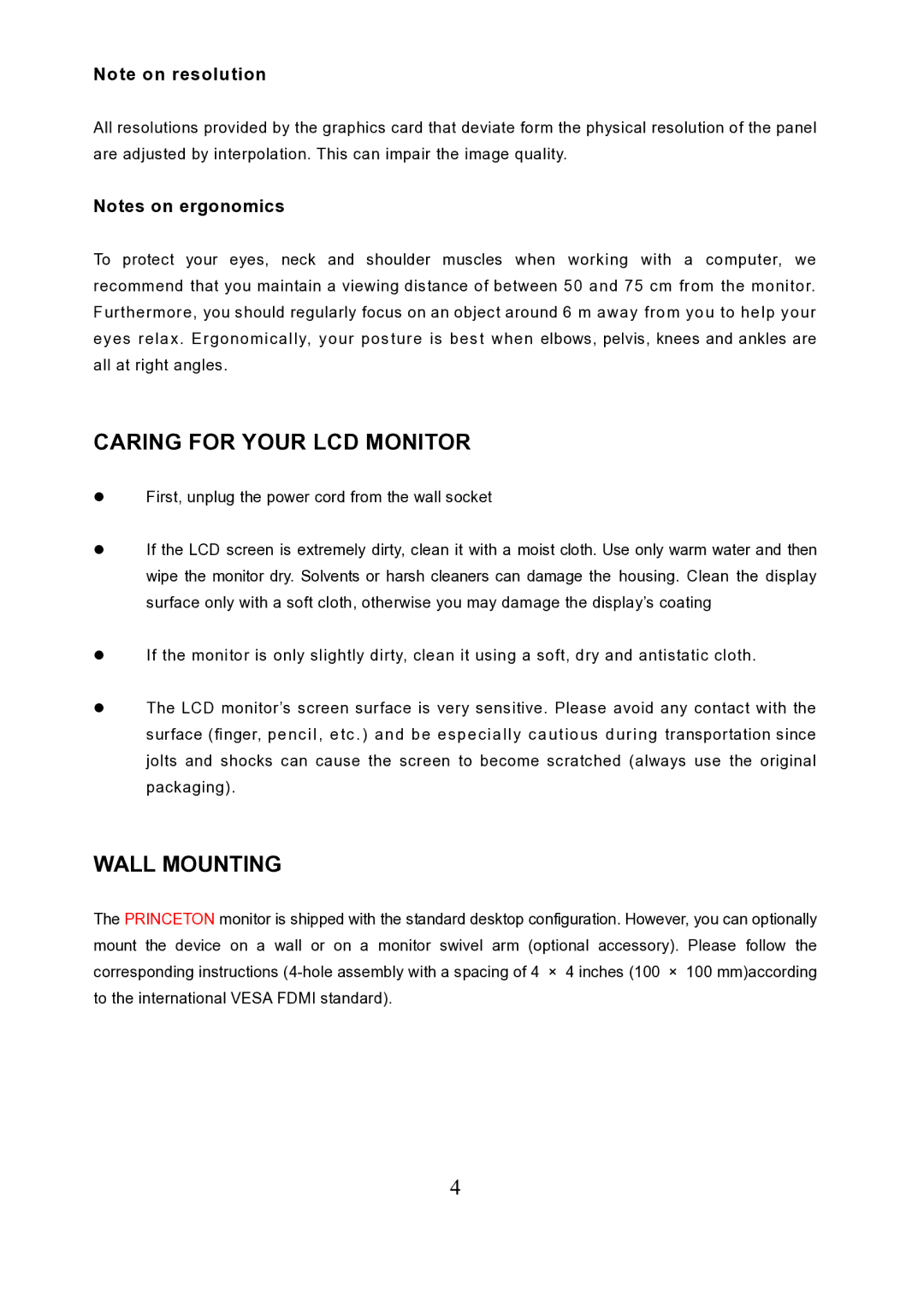 Princeton VL1919 important safety instructions Caring for Your LCD Monitor, Wall Mounting 