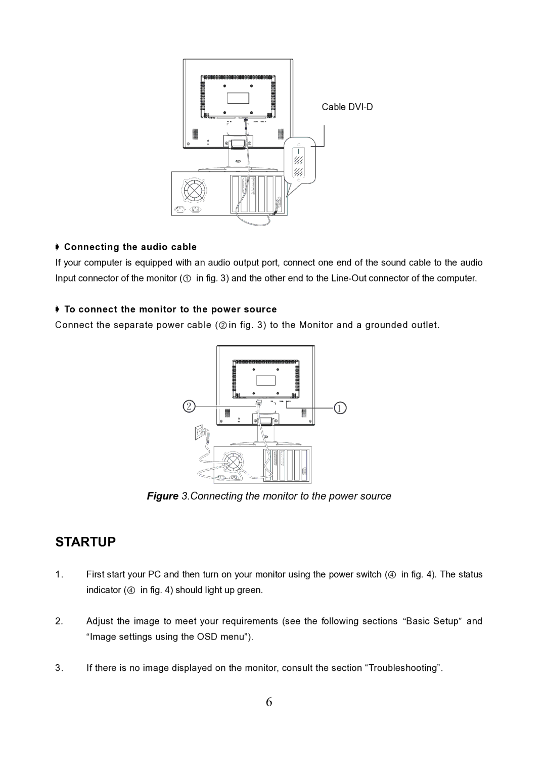 Princeton VL1919 Startup, Connecting the audio cable, To connect the monitor to the power source 