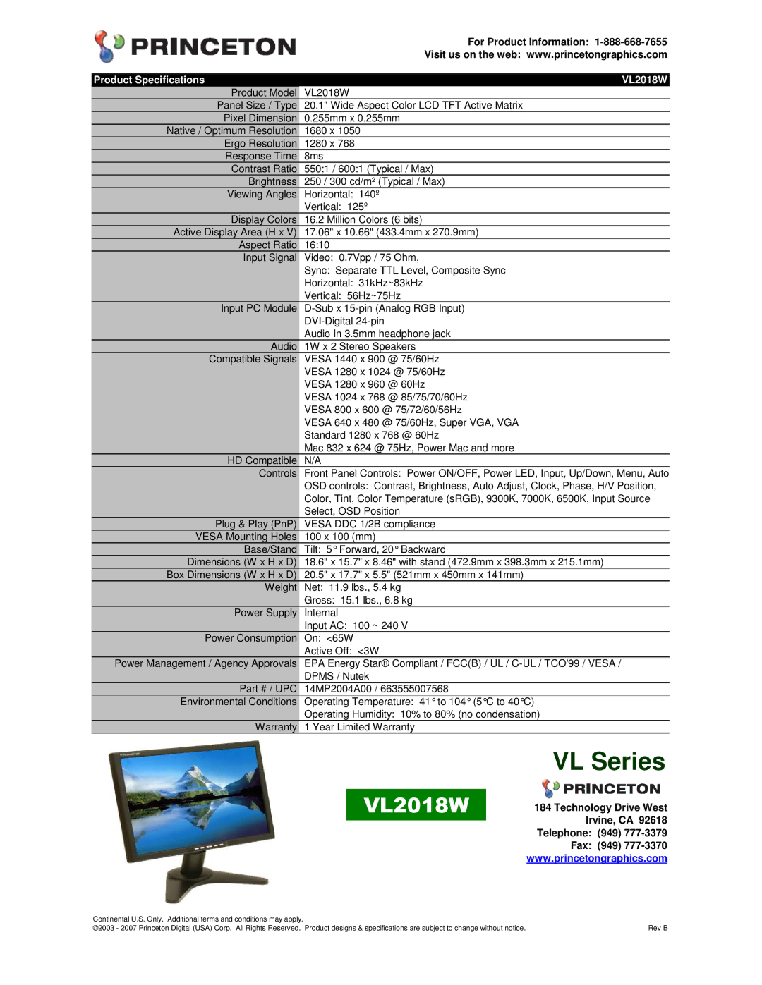 Princeton VL2018W specifications VL Series, For Product Information 