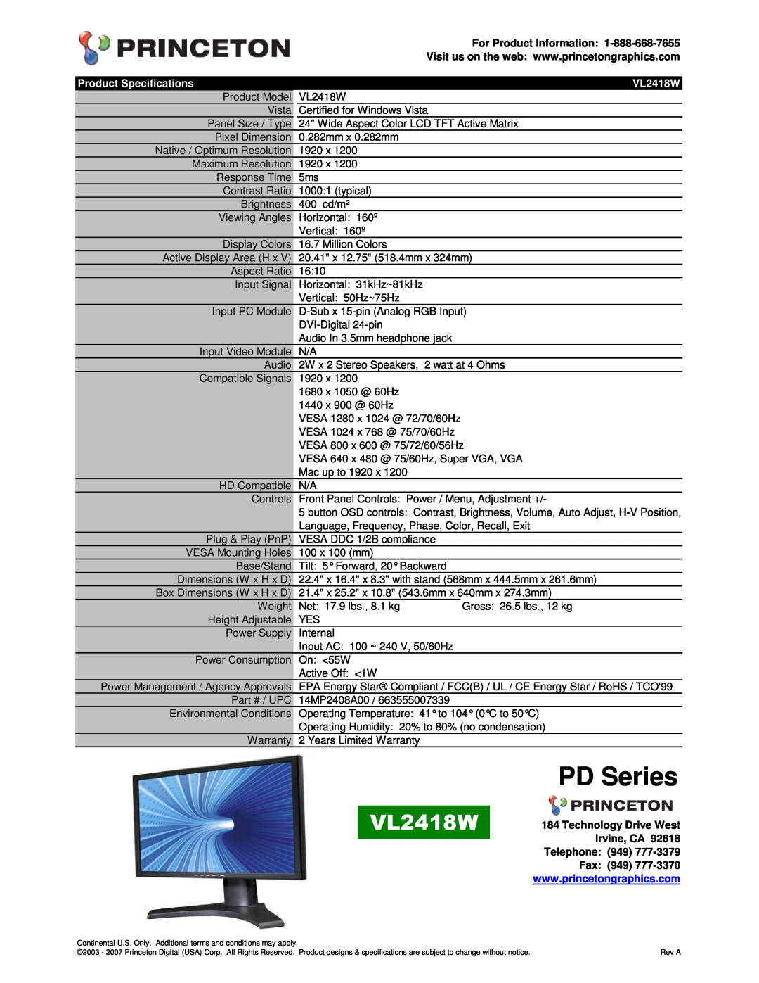 Princeton VL2418W specifications PD Series, For Product Information, Product Specifications 
