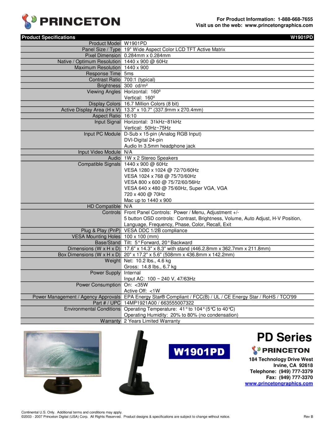 Princeton specifications PD Series, Product Specifications W1901PD 