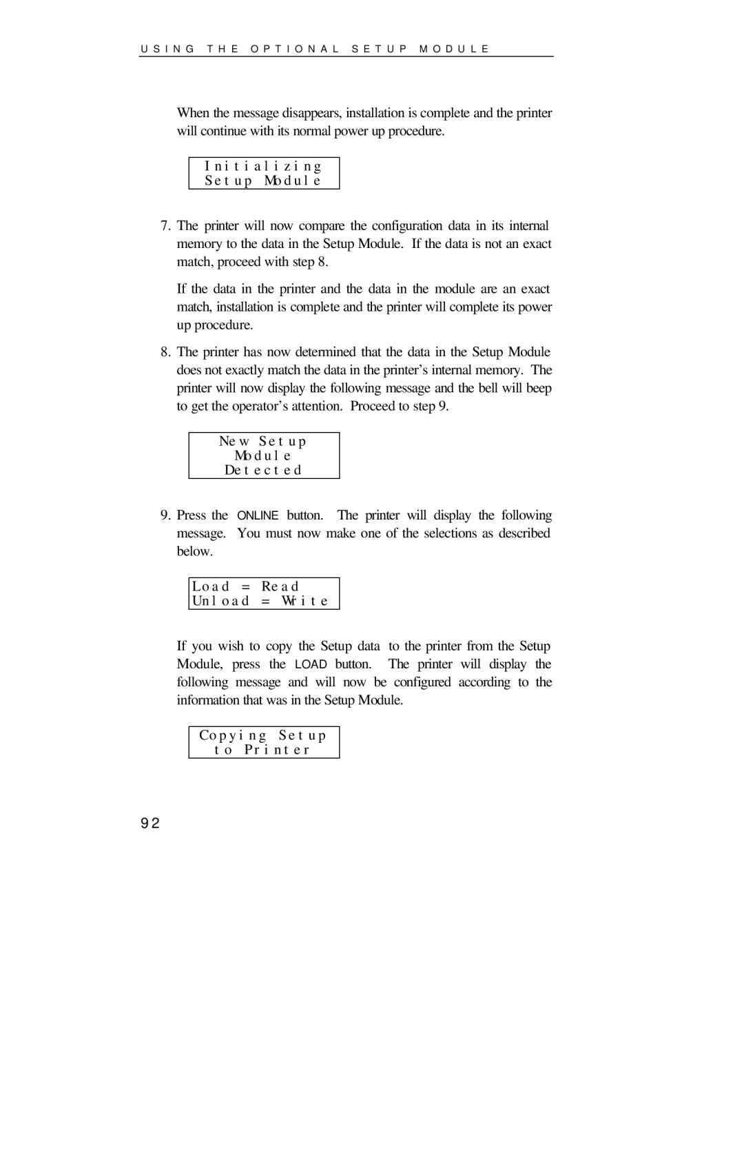 Printek 4000se Initializing Setup Module, New Setup Module Detected, Load = Read Unload = Write, Copying Setup to Printer 