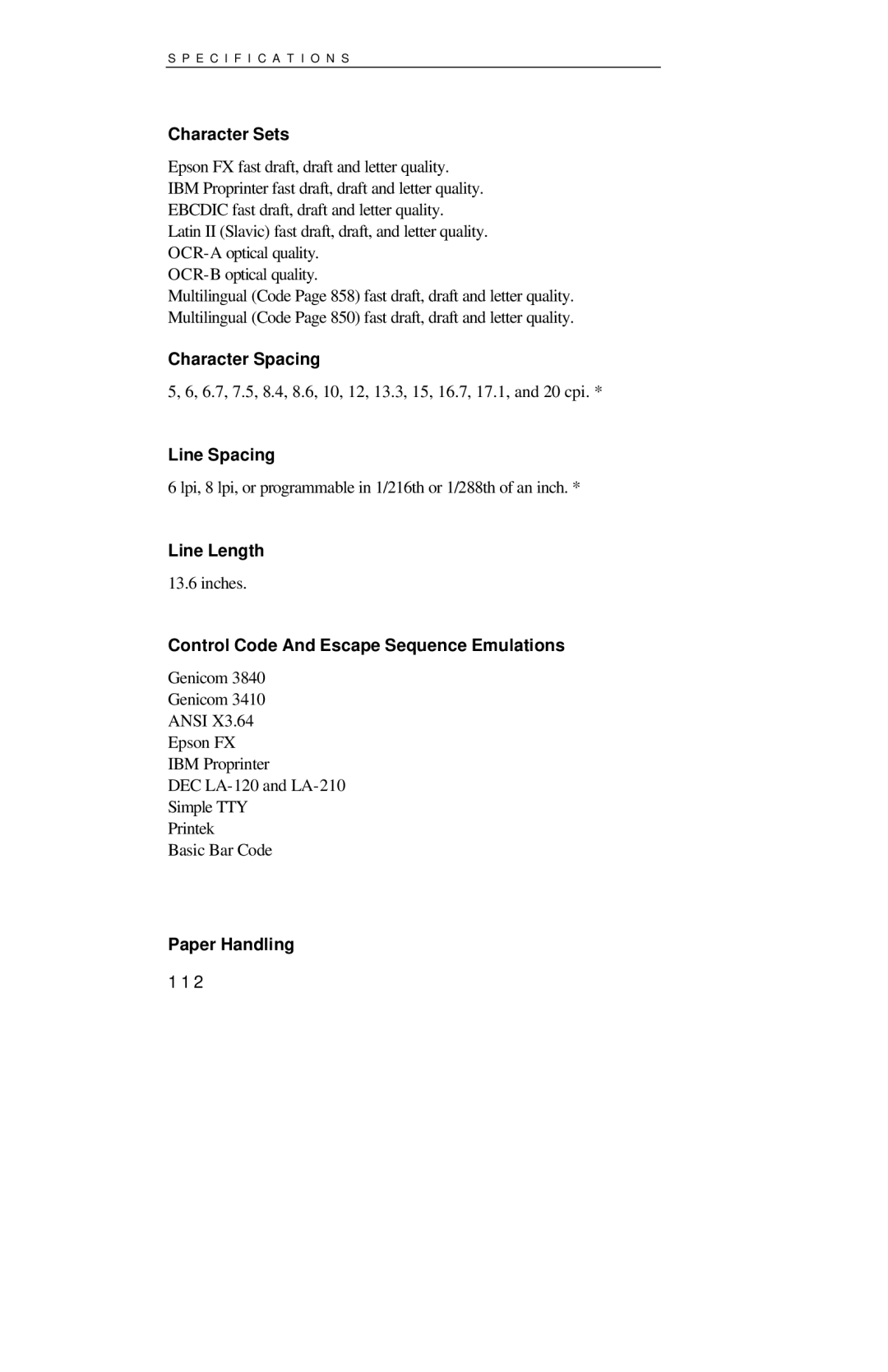 Printek 4000se Character Sets, Character Spacing, Line Spacing, Line Length, Control Code And Escape Sequence Emulations 