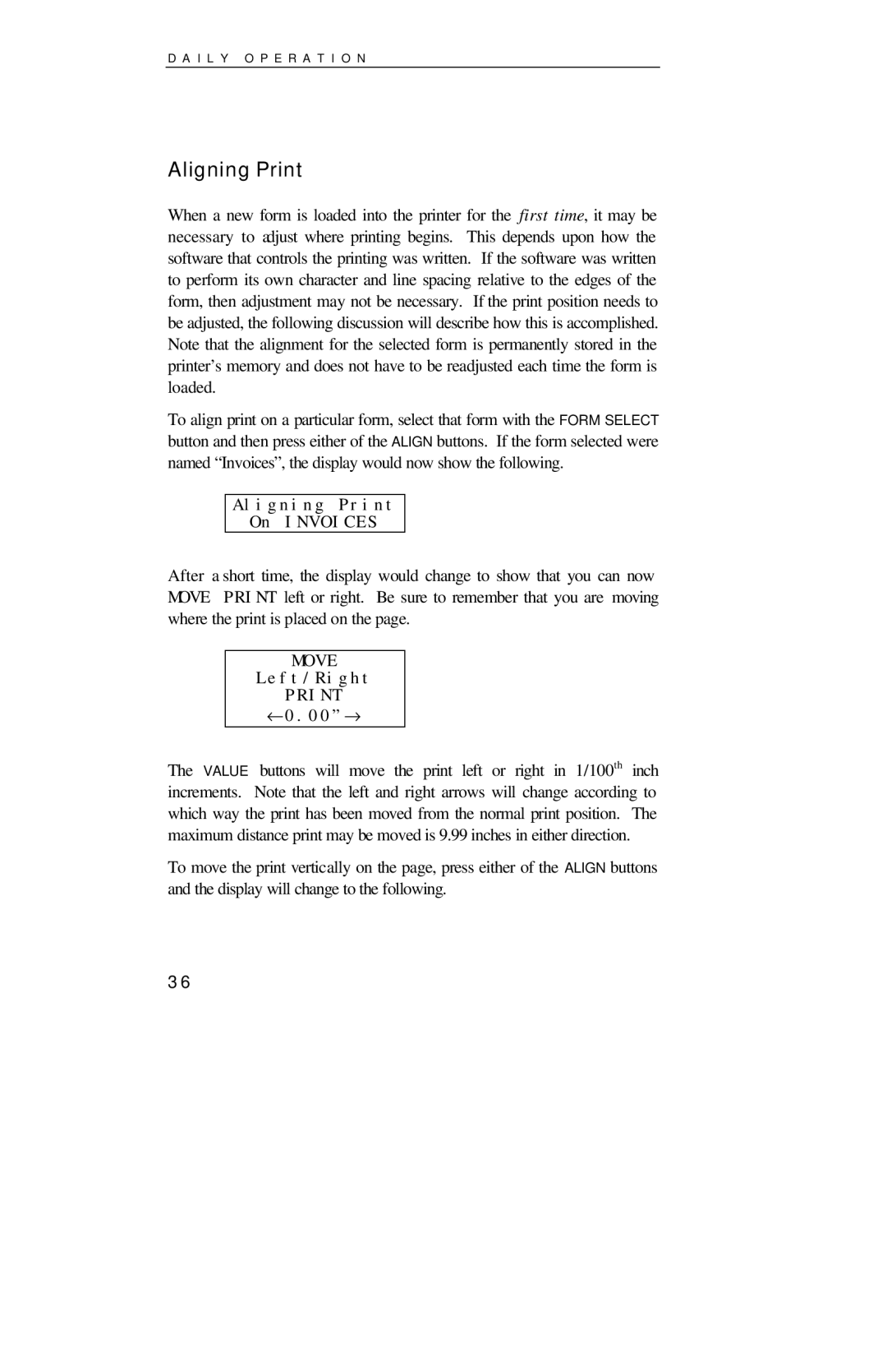 Printek 4000se manual Aligning Print On Invoices, Left/Right, ←0.00→ 