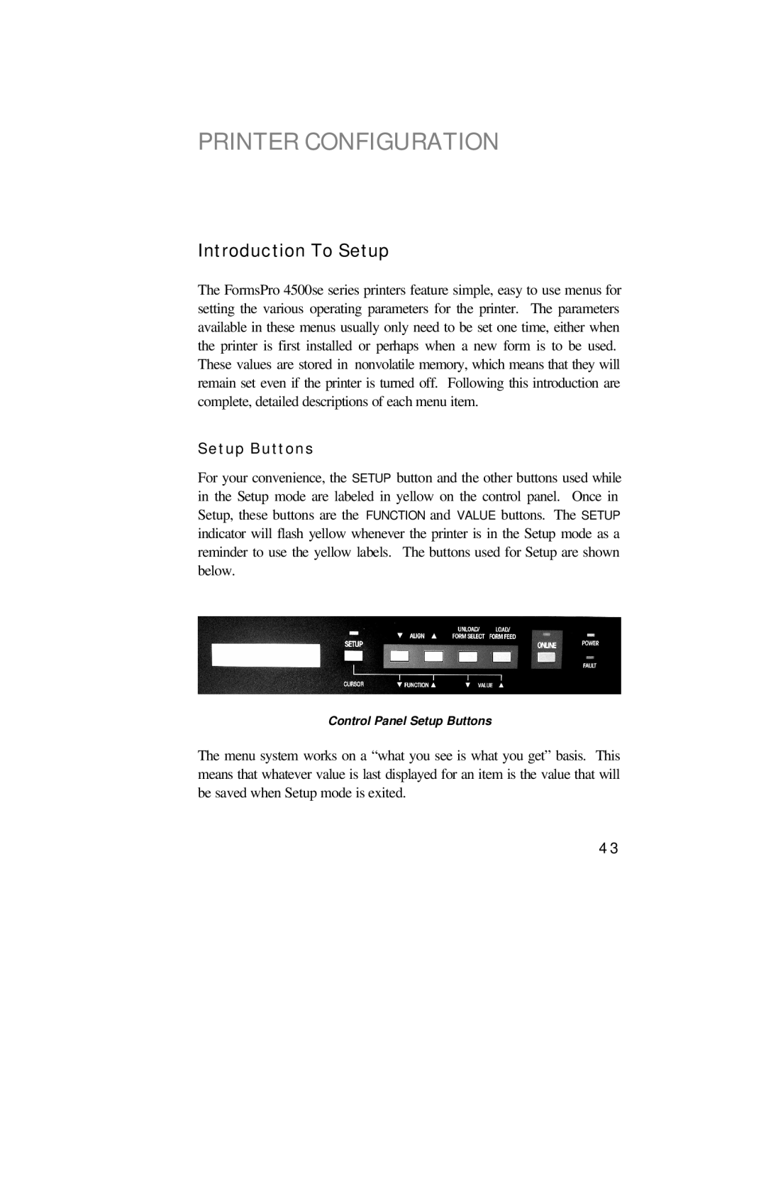 Printek 4000se manual Printer Configuration, Introduction To Setup, Setup Buttons 
