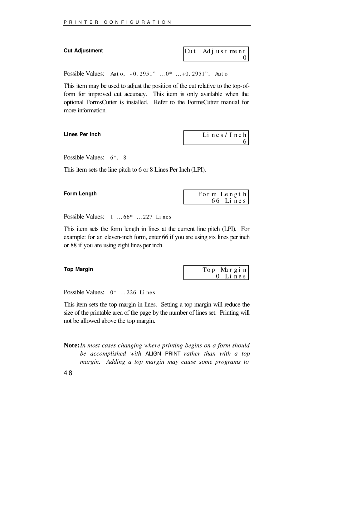 Printek 4000se manual Cut Adjustment, Lines/Inch, Form Length 66 Lines, Top Margin 0 Lines 