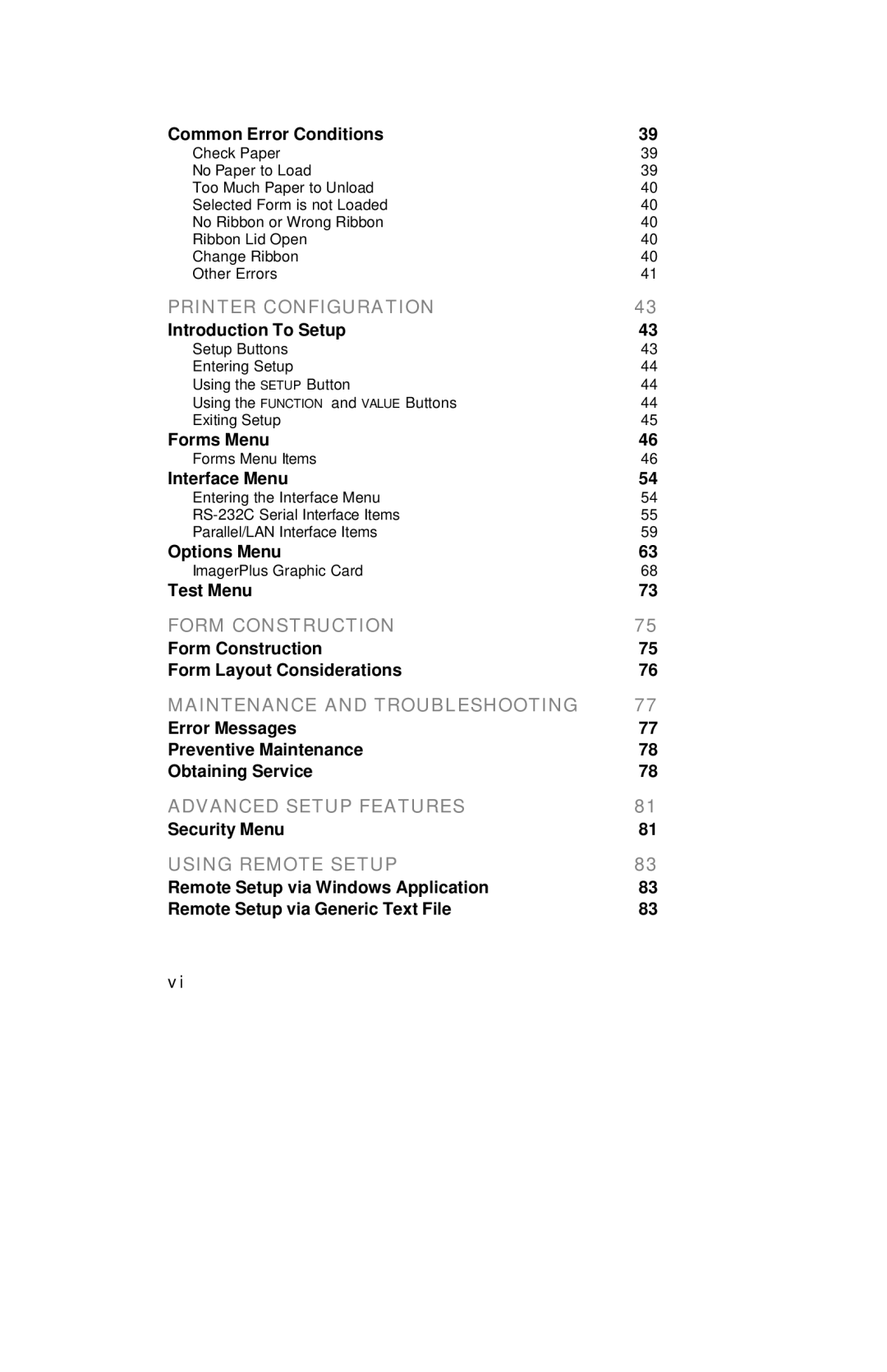 Printek 4000se manual Common Error Conditions, Introduction To Setup, Forms Menu, Interface Menu, Options Menu, Test Menu 