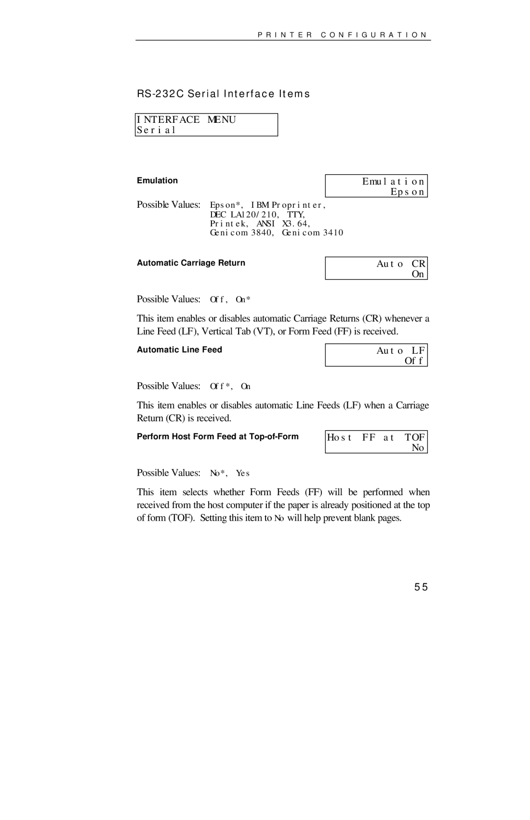 Printek 4000se manual Serial, Emulation Epson, Auto CR On, Auto LF Off, Host FF at TOF No 
