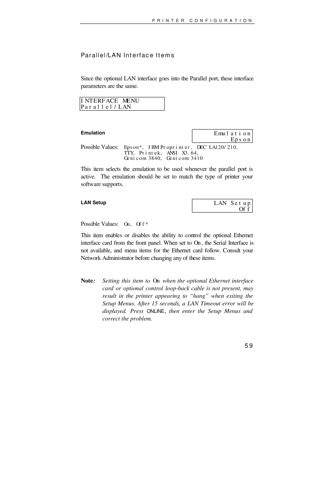 Printek 4000se manual Parallel/LAN Interface Items, Interface Menu Parallel/LAN, LAN Setup Off 