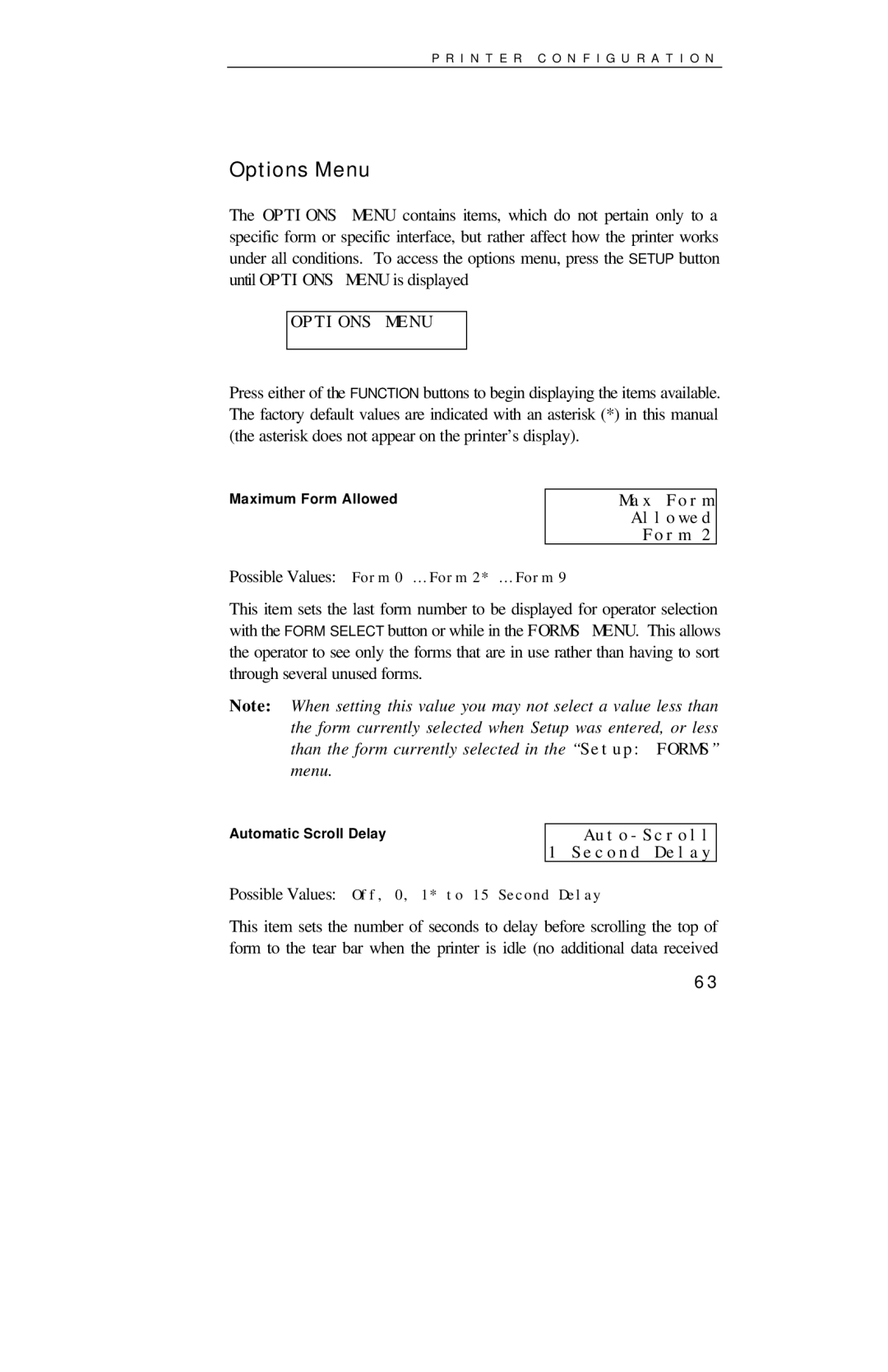 Printek 4000se manual Options Menu, Max Form Allowed, Auto-Scroll 1 Second Delay 