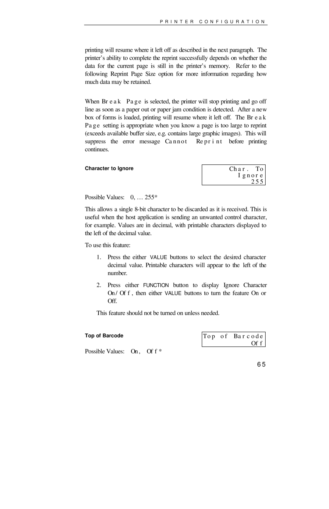 Printek 4000se manual Char. To Ignore 255, Top of Barcode Off 