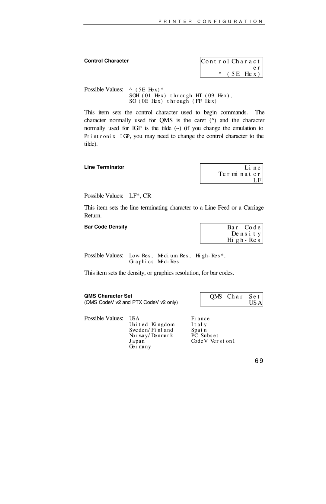 Printek 4000se manual ControlCharact 5E Hex, Line Terminator, Bar Code Density High-Res, QMS Char Set 