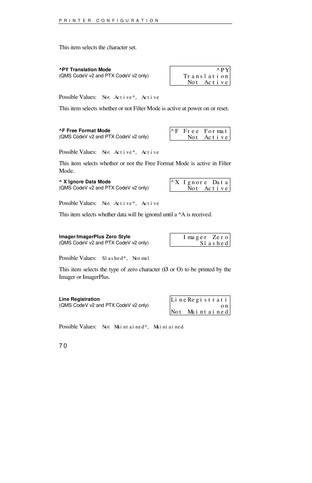 Printek 4000se manual PY Translation Not Active, Free Format Not Active, Ignore Data Not Active, Imager Zero Slashed 