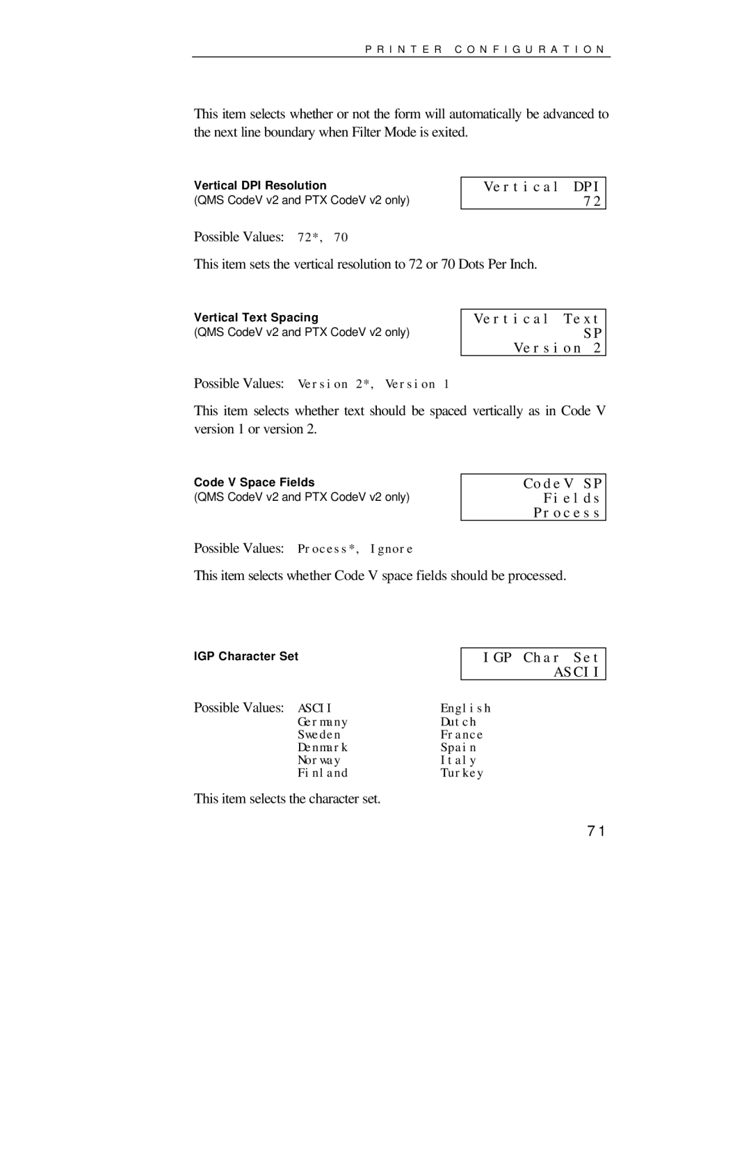 Printek 4000se manual Vertical DPI, Vertical Text Version, CodeV SP Fields Process, IGP Char Set 