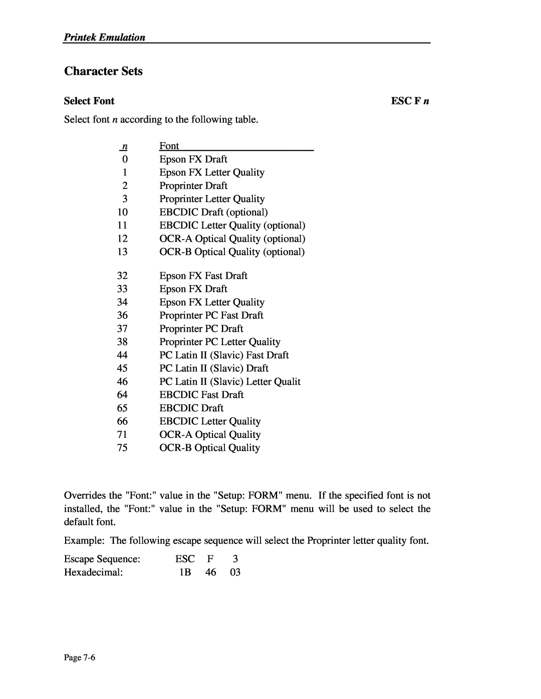 Printek 4300, 4503, 4500 manual Character Sets, Select Font, ESC F n 