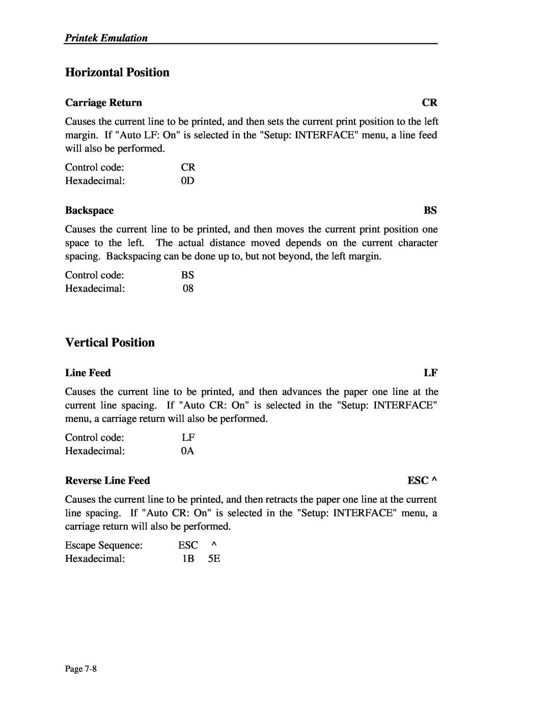 Printek 4503, 4300, 4500 manual Horizontal Position, Vertical Position, Carriage Return, Backspace, Reverse Line Feed 