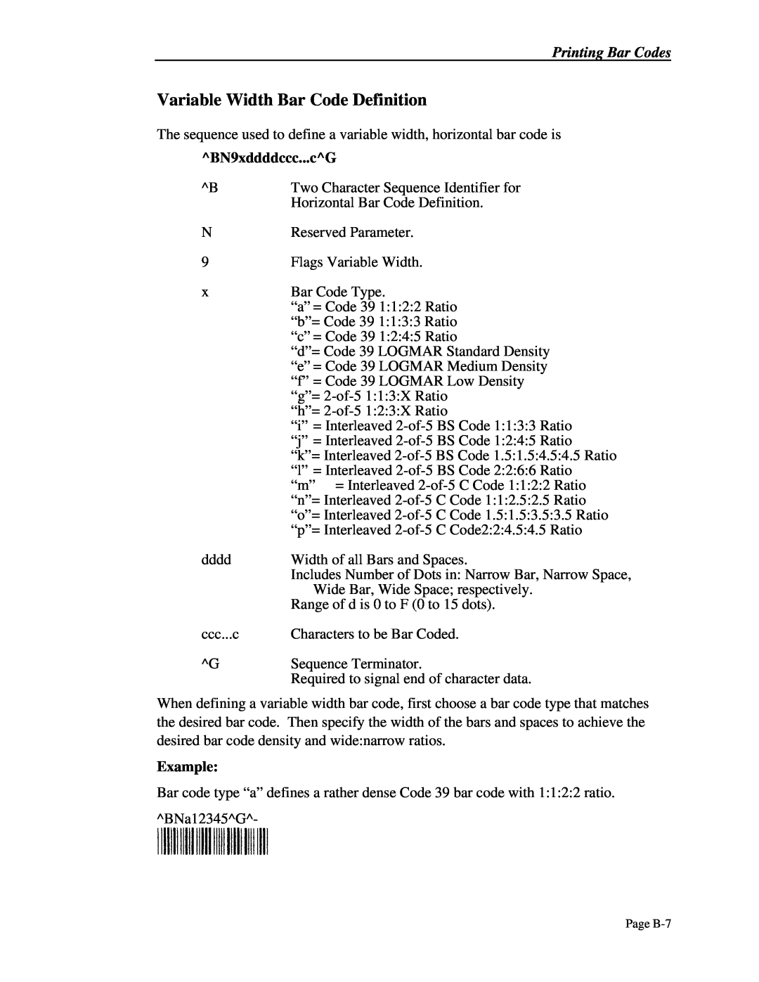 Printek 4503, 4300, 4500 manual Variable Width Bar Code Definition, Page B-7 