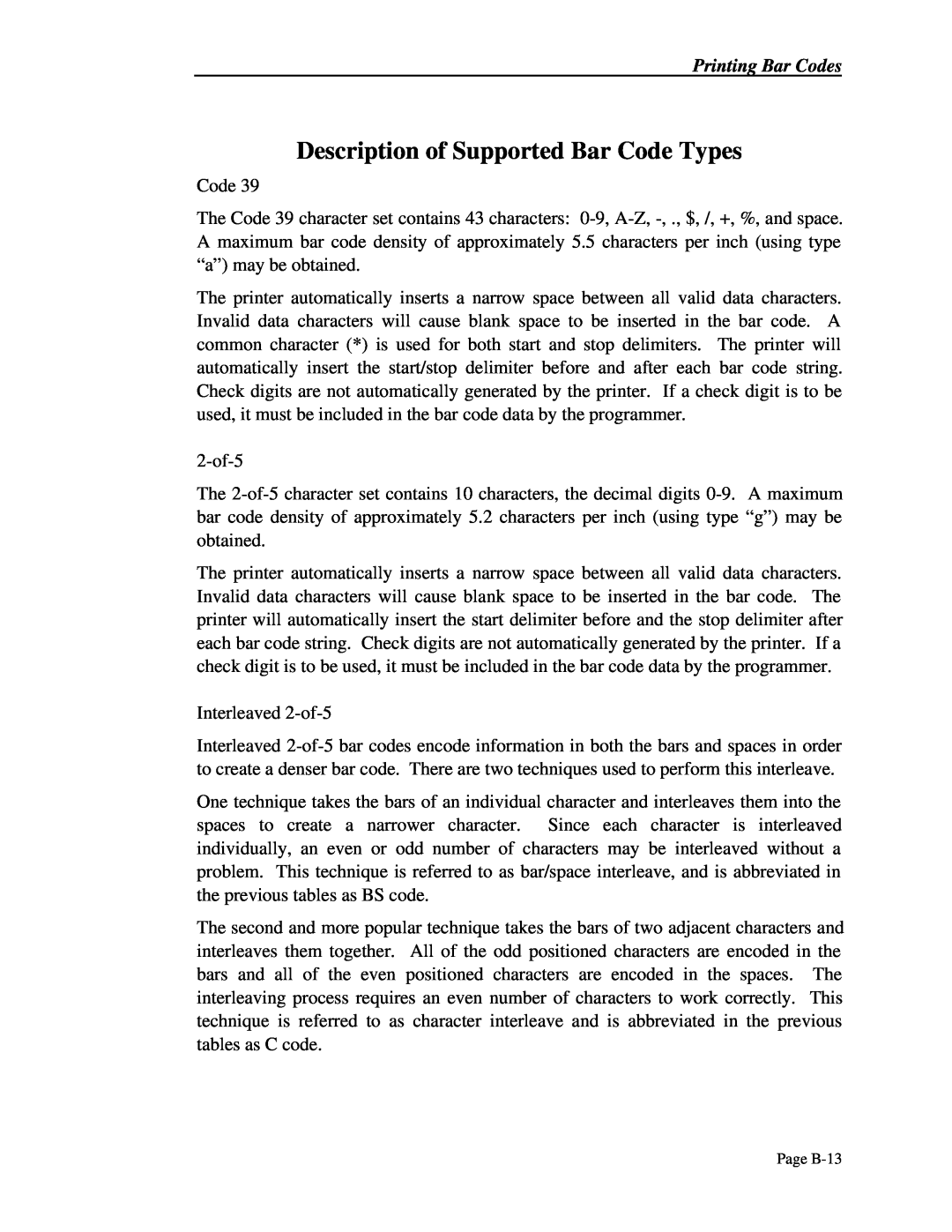 Printek 4503, 4300, 4500 manual Description of Supported Bar Code Types 