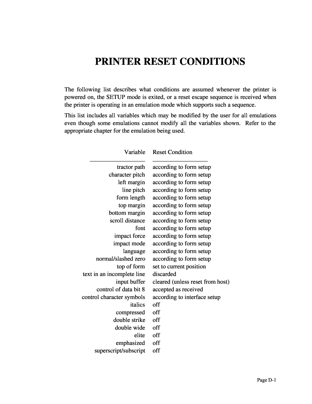 Printek 4300, 4503, 4500 manual Printer Reset Conditions, Page D-1 