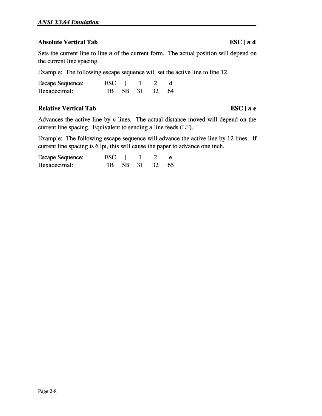 Printek 4500, 4503, 4300 manual ANSI X3.64 Emulation, Absolute Vertical Tab, ESC n d, Relative Vertical Tab, ESC n e 