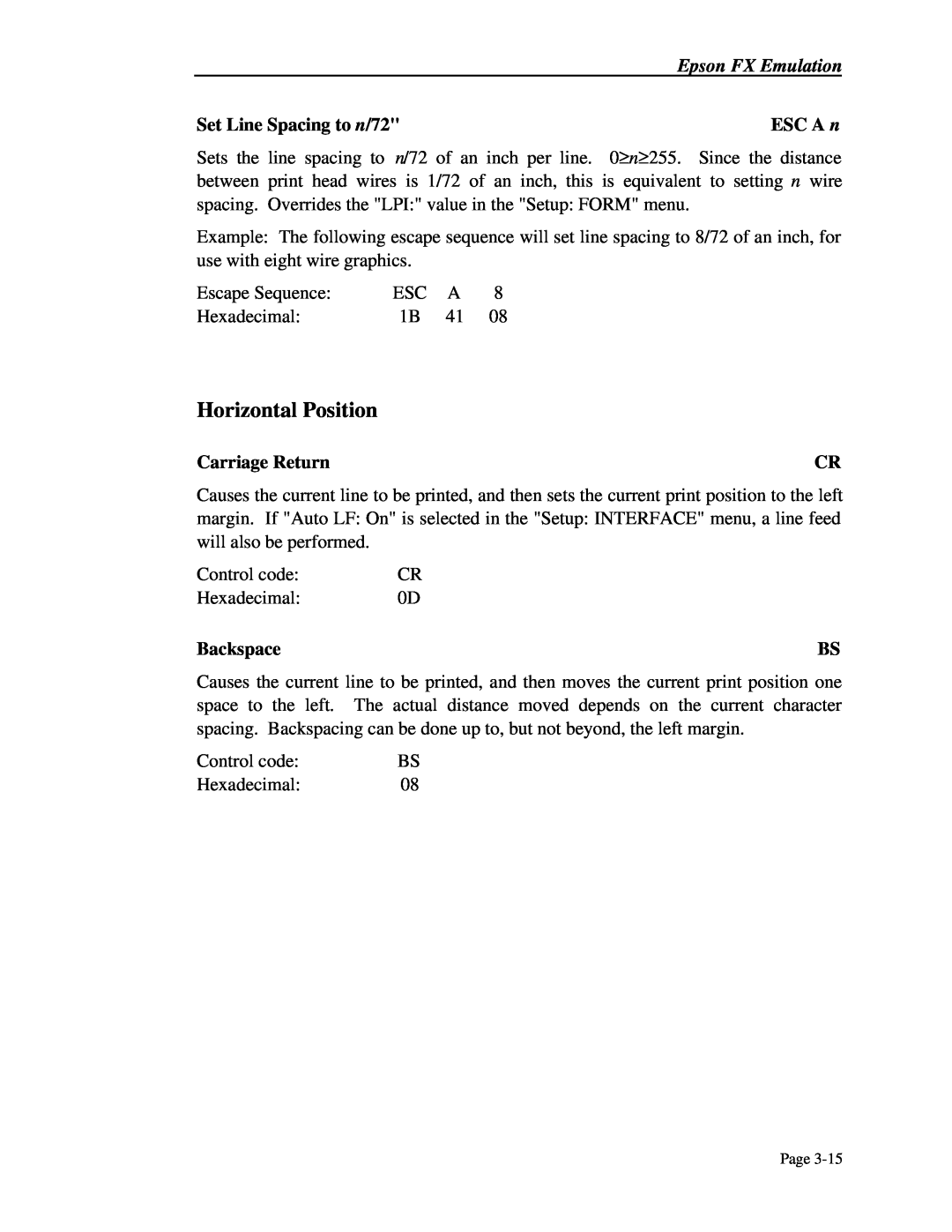 Printek 4300, 4503, 4500 manual Horizontal Position, Set Line Spacing to n/72, ESC A n, Carriage Return, Backspace 