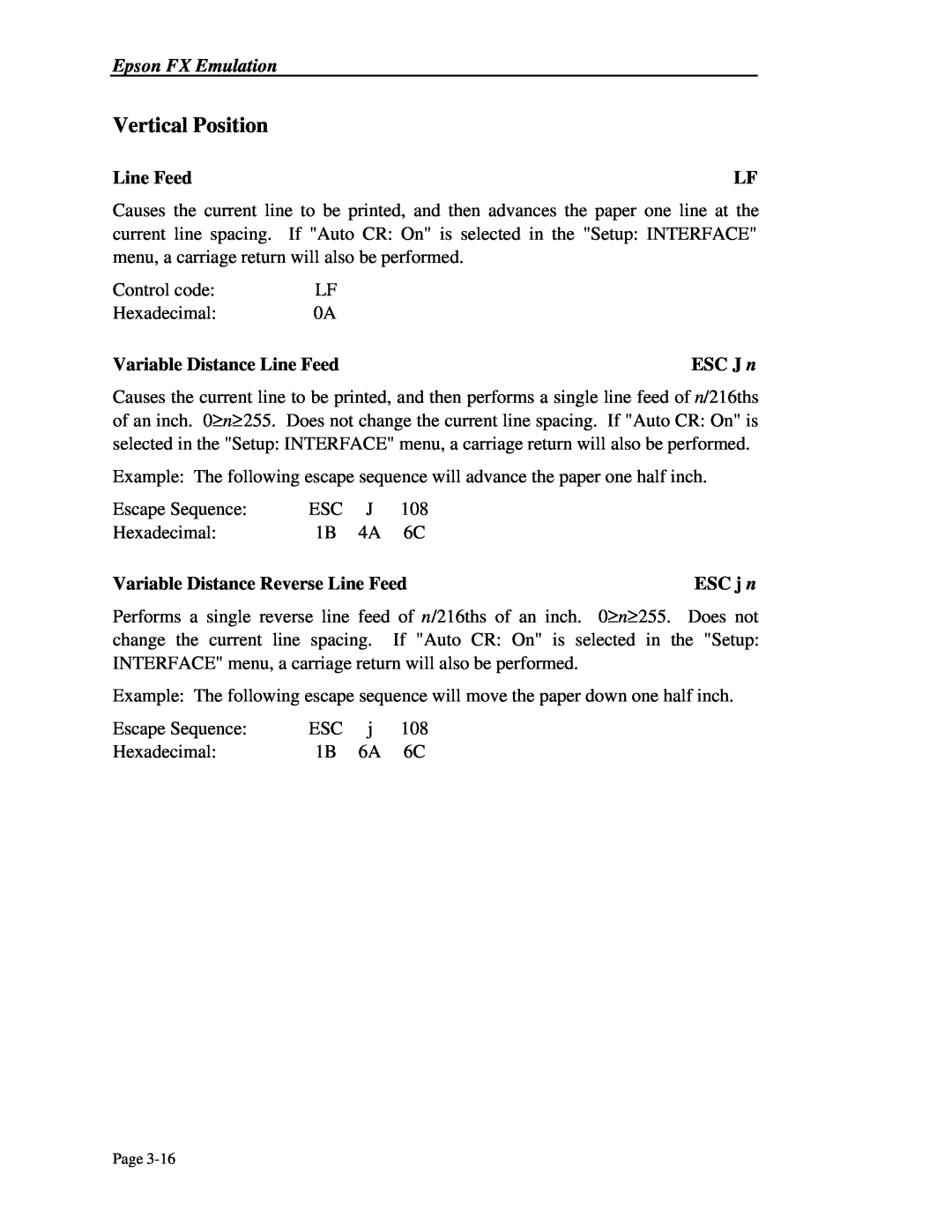 Printek 4500 Vertical Position, Variable Distance Line Feed, ESC J n, Variable Distance Reverse Line Feed, ESC j n 