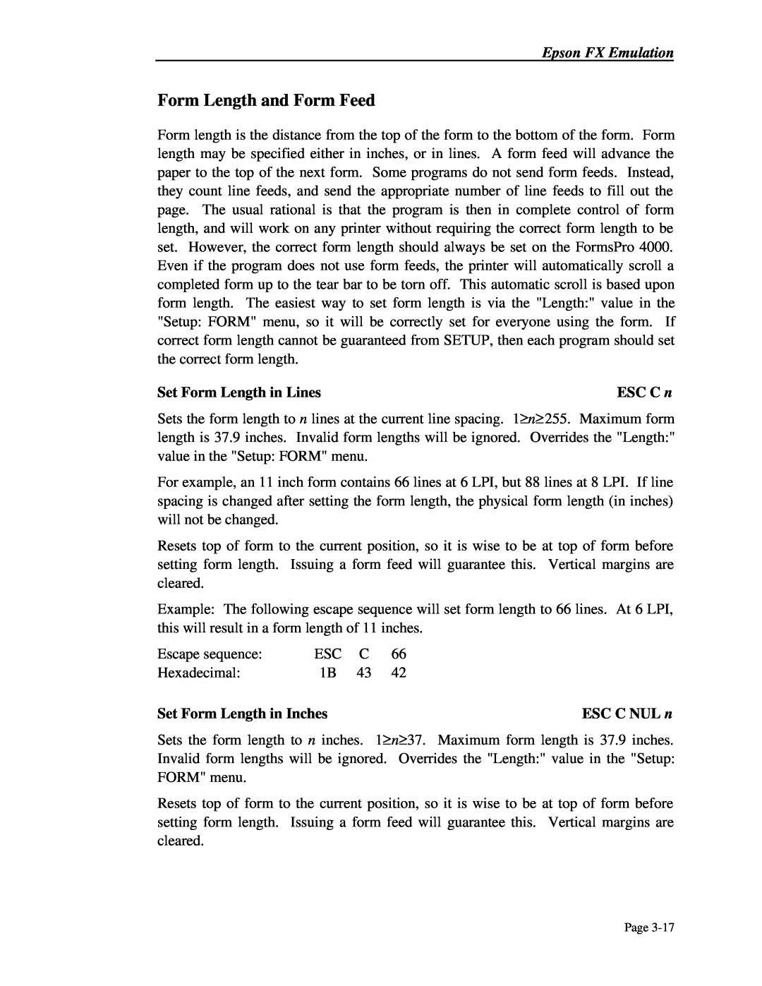 Printek 4503, 4300 Form Length and Form Feed, Set Form Length in Lines, ESC C n, Set Form Length in Inches, ESC C NUL n 