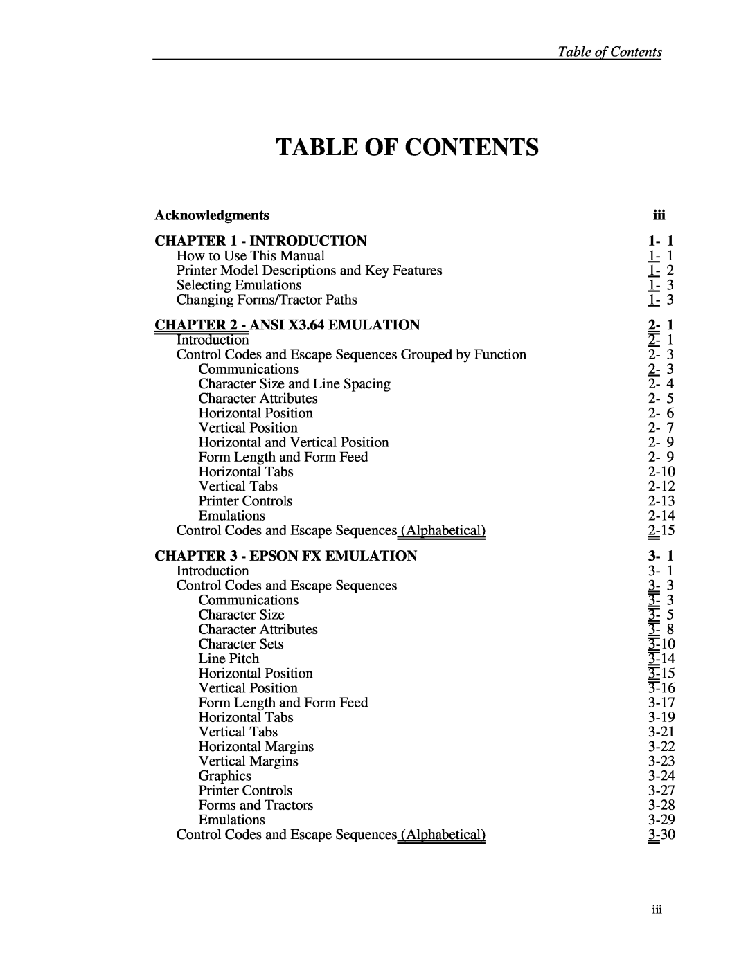 Printek 4500, 4503, 4300 manual Table Of Contents, Acknowledgments, Introduction, ANSI X3.64 EMULATION, Epson Fx Emulation 