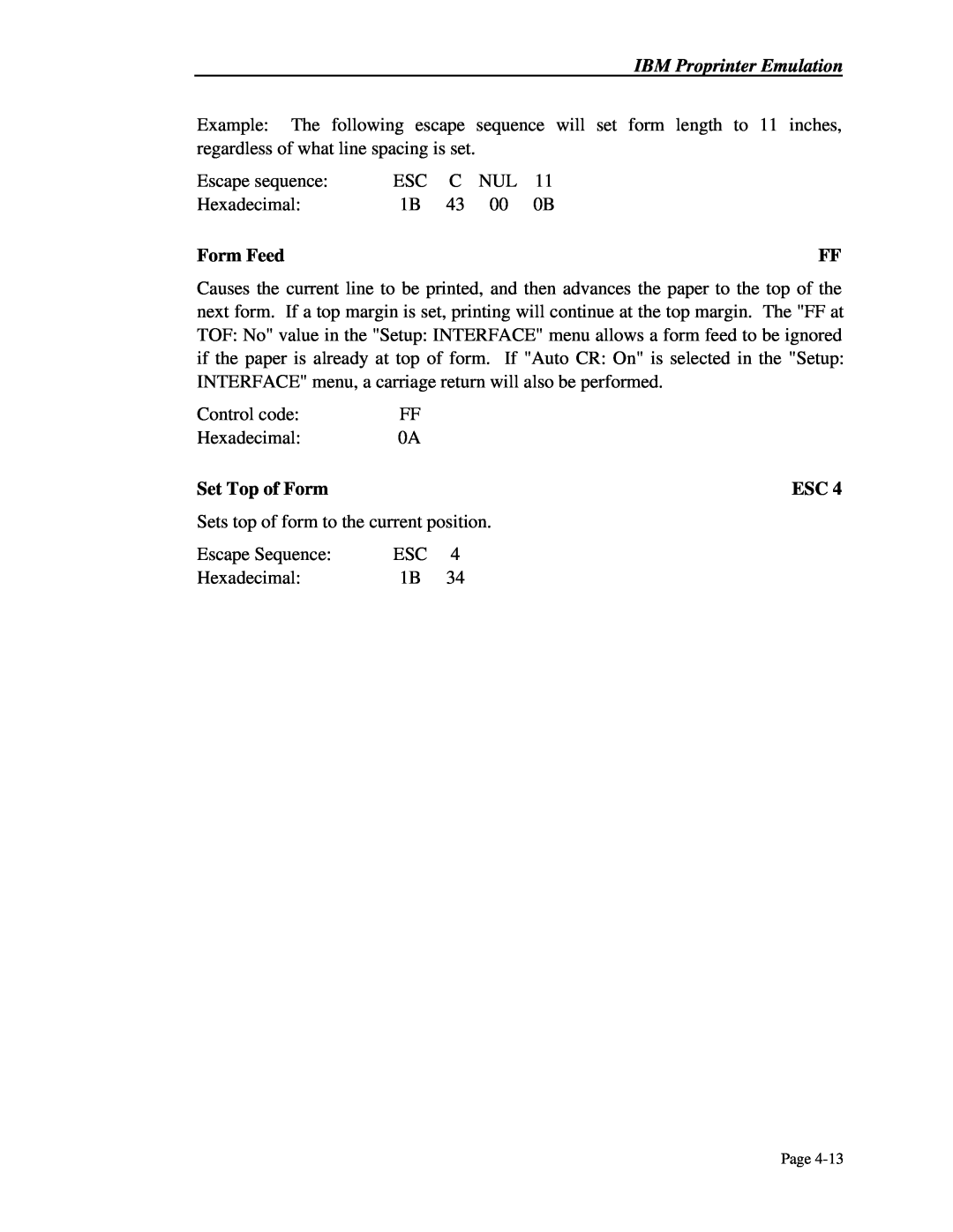 Printek 4300, 4503, 4500 manual IBM Proprinter Emulation, Form Feed, Set Top of Form 