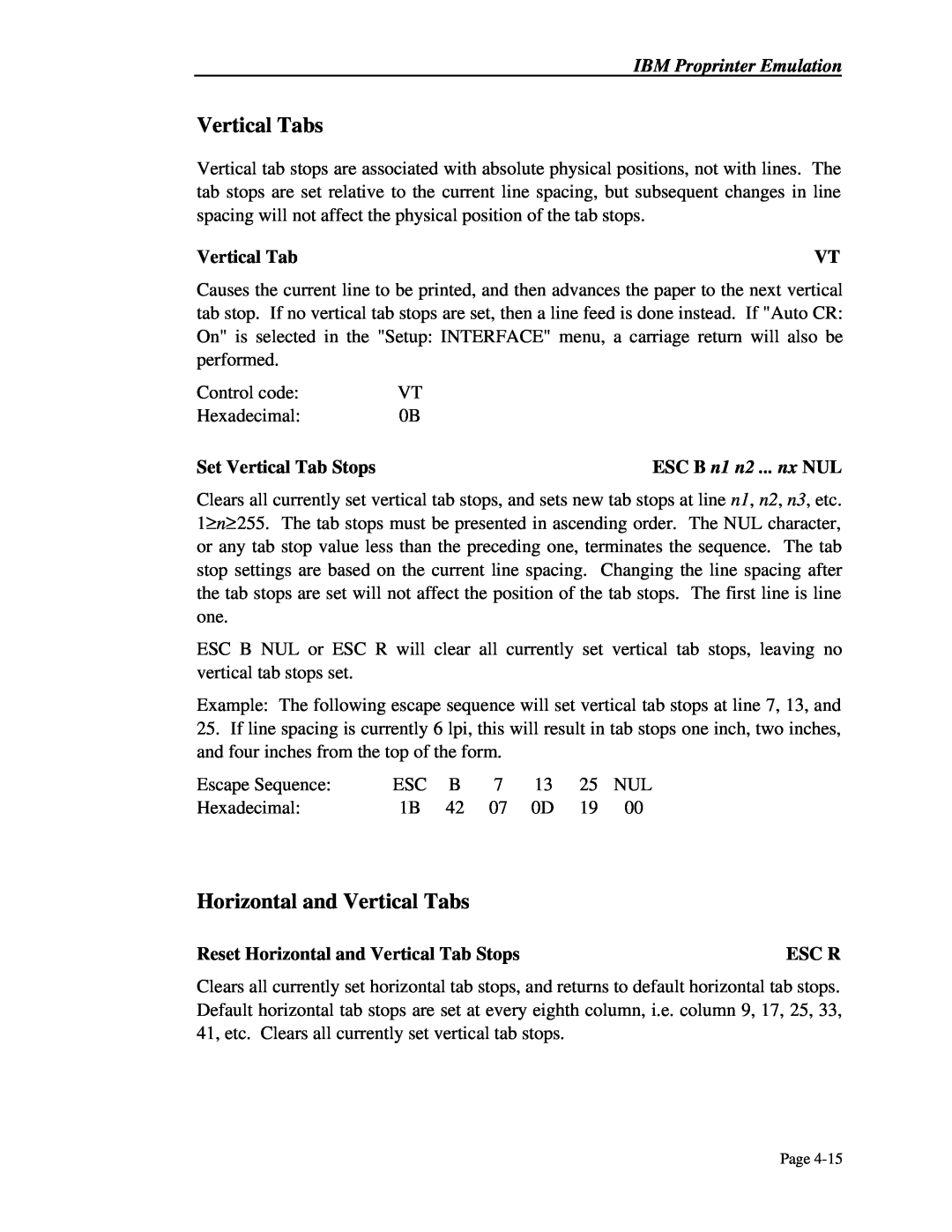 Printek 4503, 4300 Horizontal and Vertical Tabs, Set Vertical Tab Stops, Reset Horizontal and Vertical Tab Stops, Esc R 